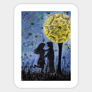 boy and girl under a dandelion tree Sticker